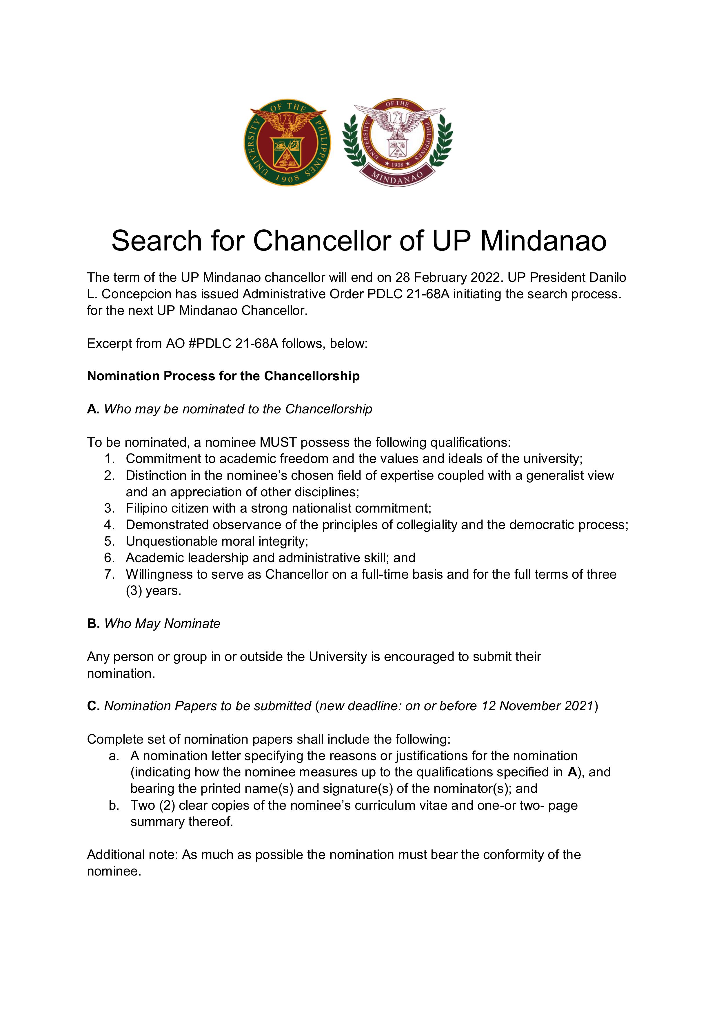 Timeline of activities for the search of Chancellor UPMindanao November 2021-1